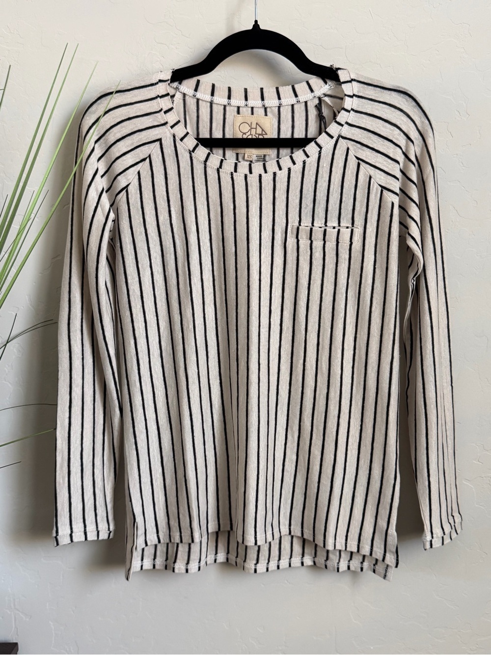 Chaser Linen Stripe Top NWT XS Black Cream Coastal Long Sleeve